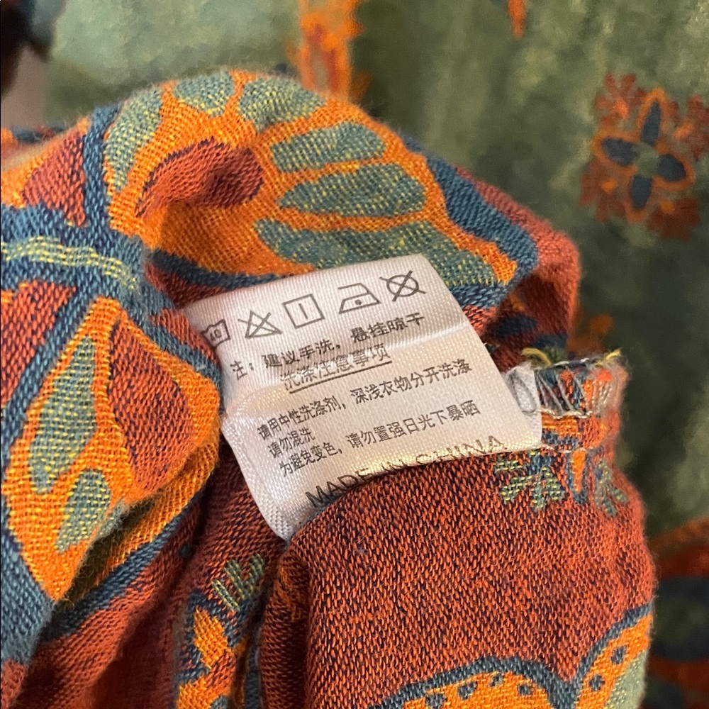Boho Butterfly Print Cotton Blouse M Artisan Button Front Green Orange - Picture 8 of 10